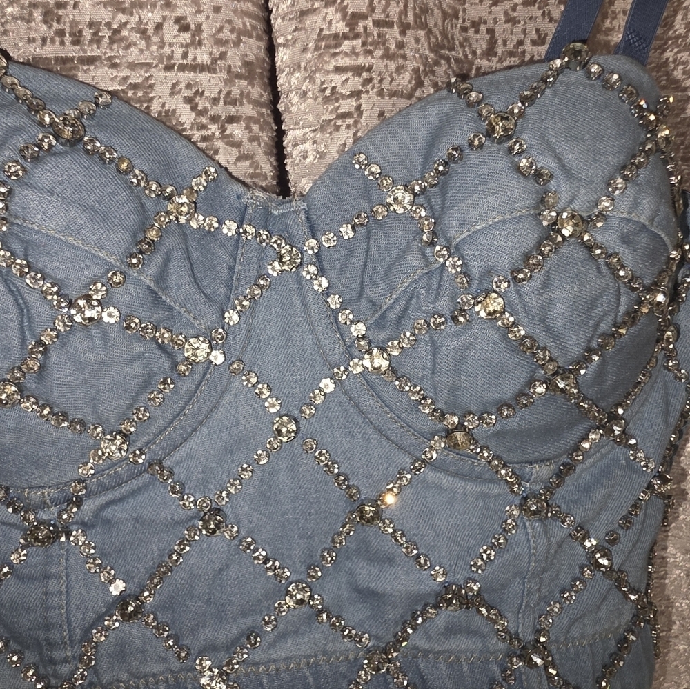Stylish Denim Beaded Bustier Top - Picture 7 of 7